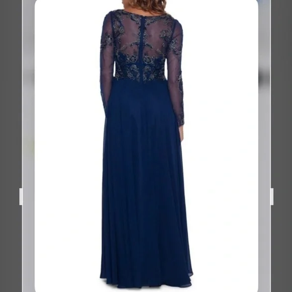 XSCAPE Long Sleeve Boatneck Sheer Illusion Beaded Chiffon Gown in Navy Size 16 - Picture 2 of 4